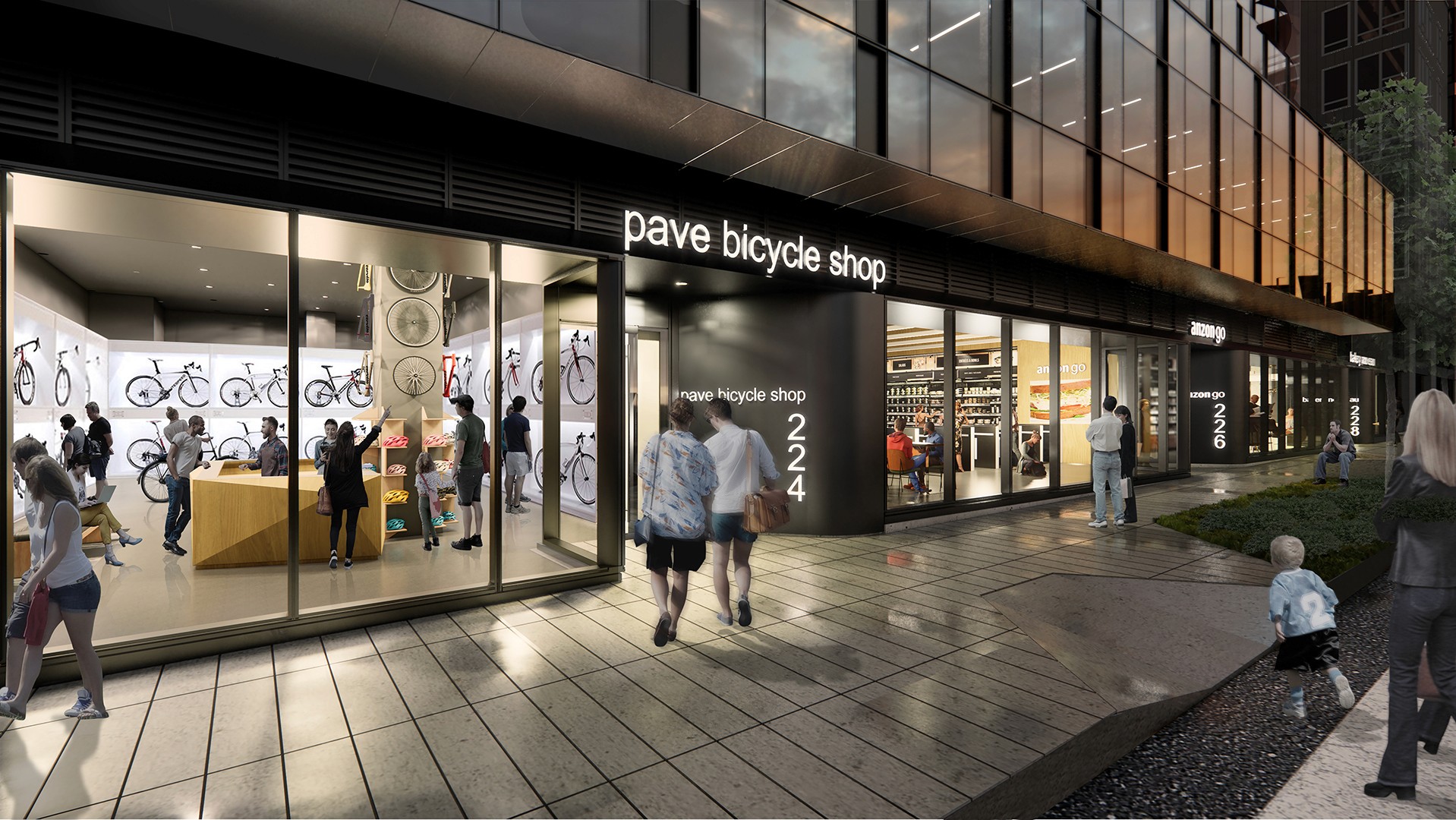 Rendering of the ground-level retail spaces, featuring a vibrant bicycle shop with its address elegantly displayed on a sweeping metal wall that draws visitors into the space.