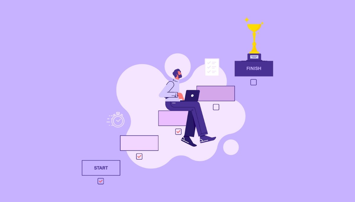 Illustration of a person surrounded by symbols like a question mark, light bulb, gears, and puzzle pieces.