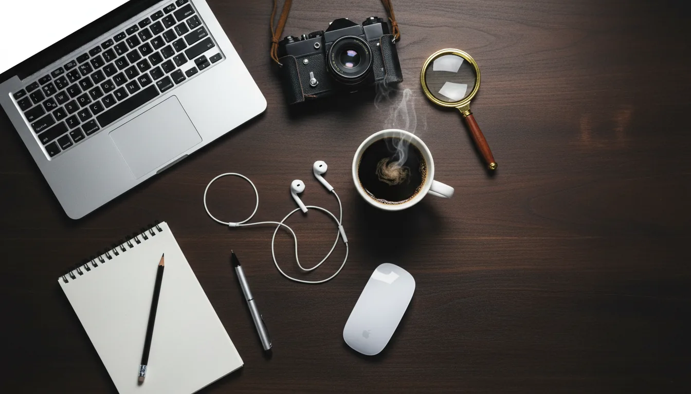 Top-down flat lay photograph of a content creator's dark wood desk, meticulously arranged for brainstorming video ideas. The composition includes a silver laptop, a vintage black camera, a classic magnifying glass with a wooden handle, a white ceramic mug of black coffee, tangled white earbuds, a white wireless mouse, a blank spiral notebook, and two pens. DSLR, soft moody lighting casting gentle shadows, sharp focus emphasizing the rich texture of the dark wood grain.