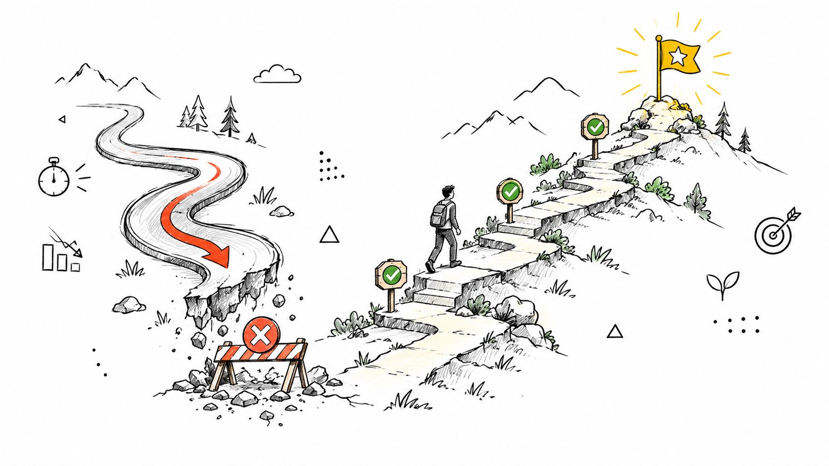 A conceptual illustration showing a person choosing a staircase to a goal over a broken path.