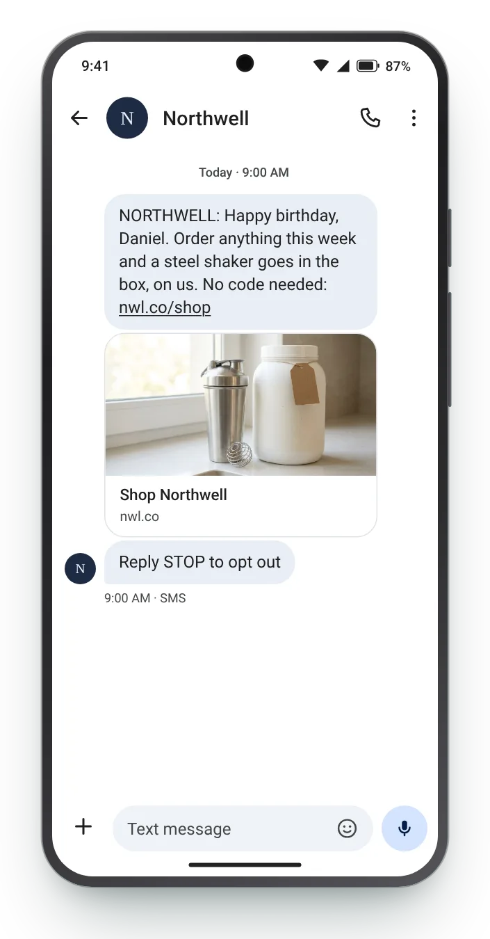A free product in the birthday order birthday text on an Android phone