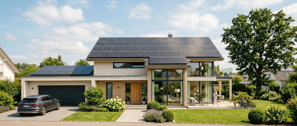 Modernes Einfamilienhaus. Links ist eine Garage mit einem Audi. Auf dem Garagendach sind Solarmodule, auf dem Einfamilienhaus sind auch Solarmodule. Das Einfamilienhaus ist weiß mit einzelnen hellen Holzelementen. Es ist Tag draußen, die Sonne scheint, Wolken sind flauschig und weiß, Bäume sind grün, knallig. Der Rasen ist sehr sauber und knallig. Alles sehr schön und aufgeräumt, große Fenster, Menschen.