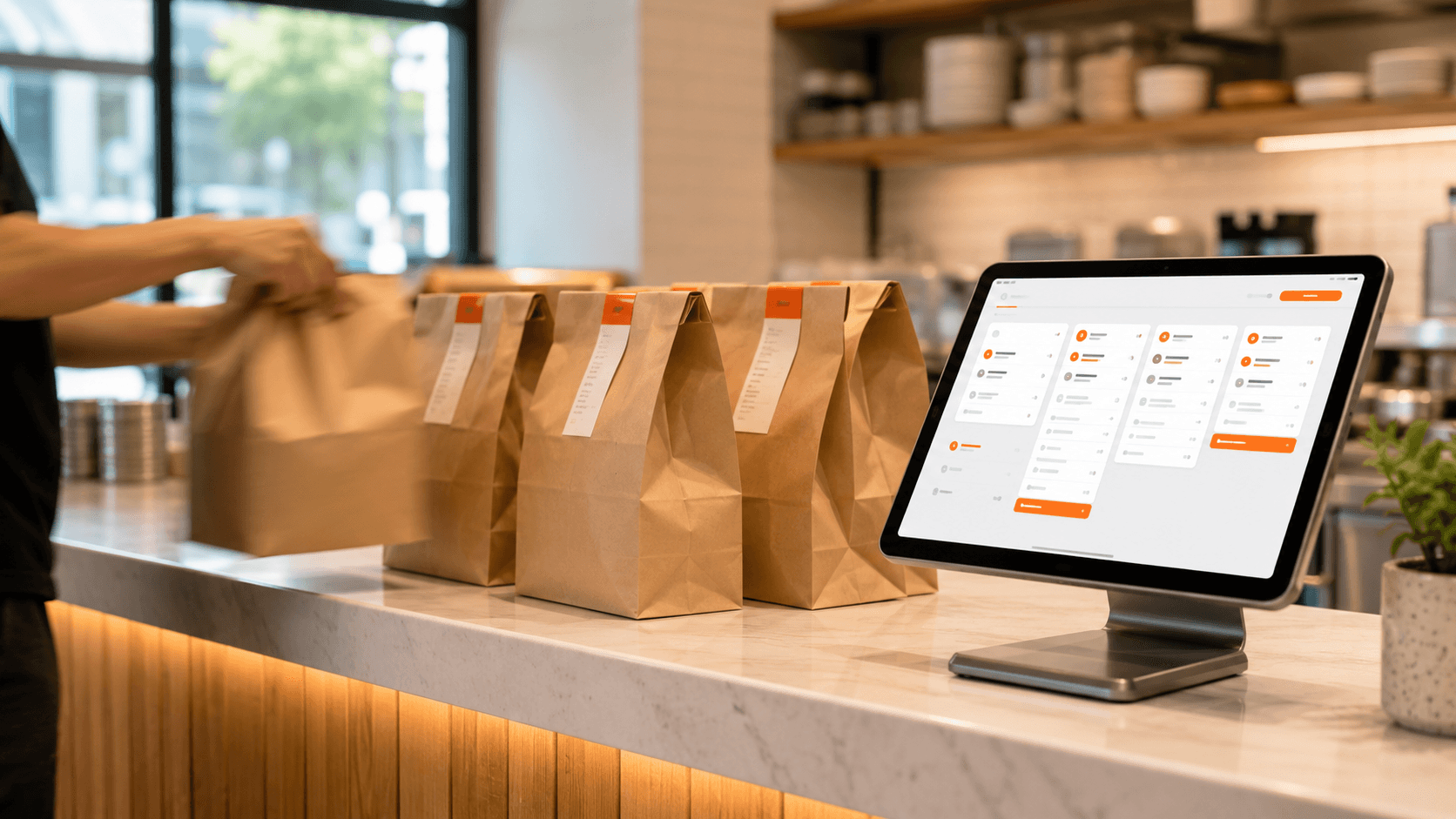 online-ordering-for-restaurants pickup counter with takeout bags and dashboard