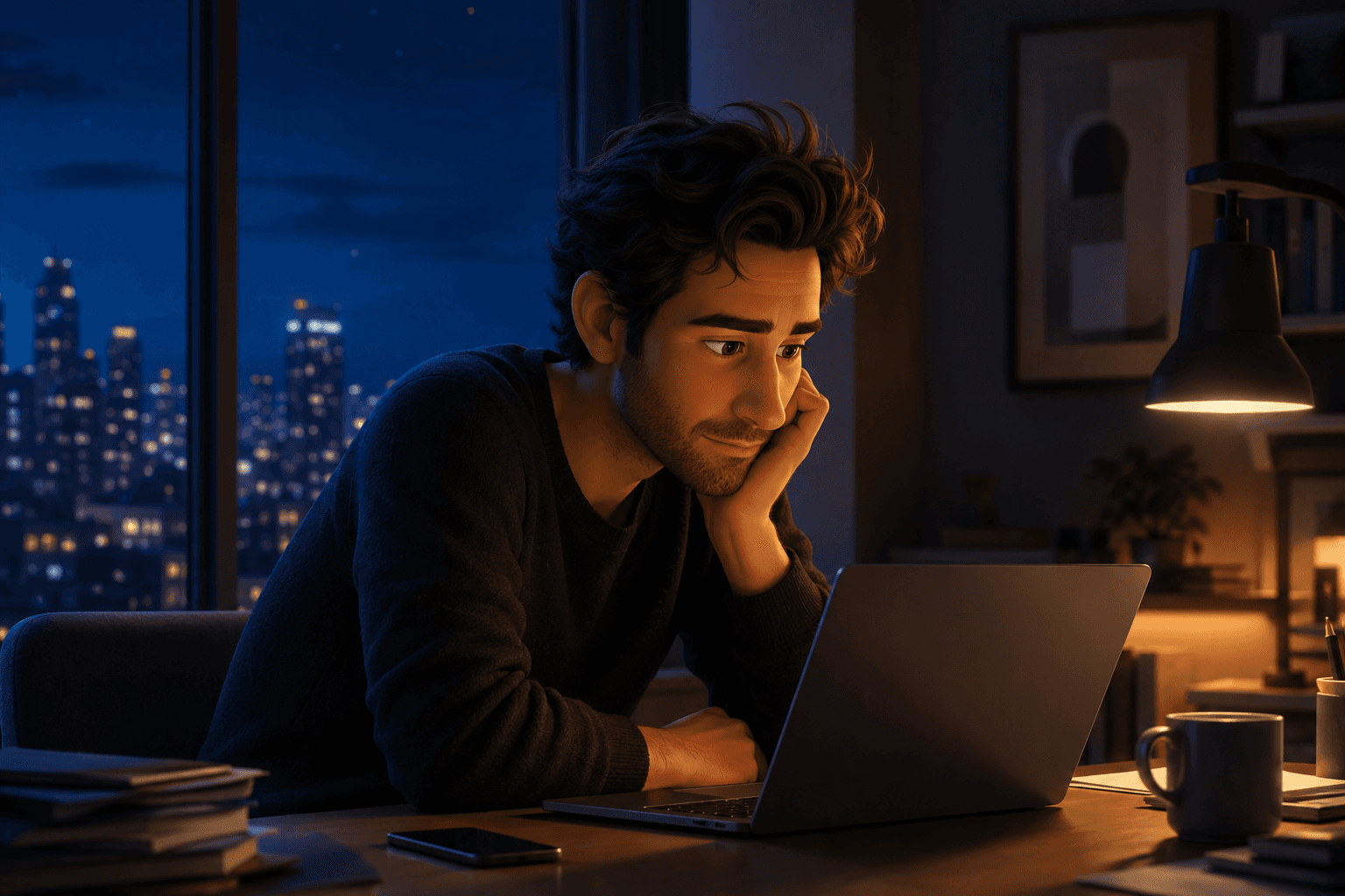 A high-end Pixar-style cinematic illustration of a mature adult man working late at night in a modern apartment. He sits alone at a desk, leaning toward an open laptop with a mentally active yet physically tired expression. His messy hair, soft facial features, and slightly tired eyes are illuminated by warm indoor lamp light, contrasted against the cool blue night skyline outside a large window. A phone rests face-down on the desk beside books and a coffee mug, while the quiet room and shallow depth of field create a calm but overstimulated atmosphere. The image conveys modern digital fatigue, late-night screen exposure, and emotional realism through soft cinematic lighting and editorial storytelling composition.