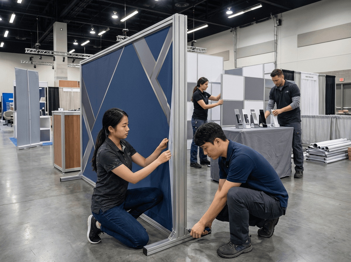 專業活動策劃團隊在展場組裝藍色鋁架背景牆，提供精準獲客活動佈置及展覽搭建服務。