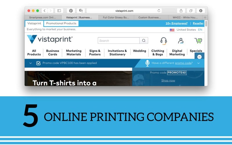 Image shows the Vistaprint website interface with text below that reads: “5 Online Printing Companies” on a blue background.