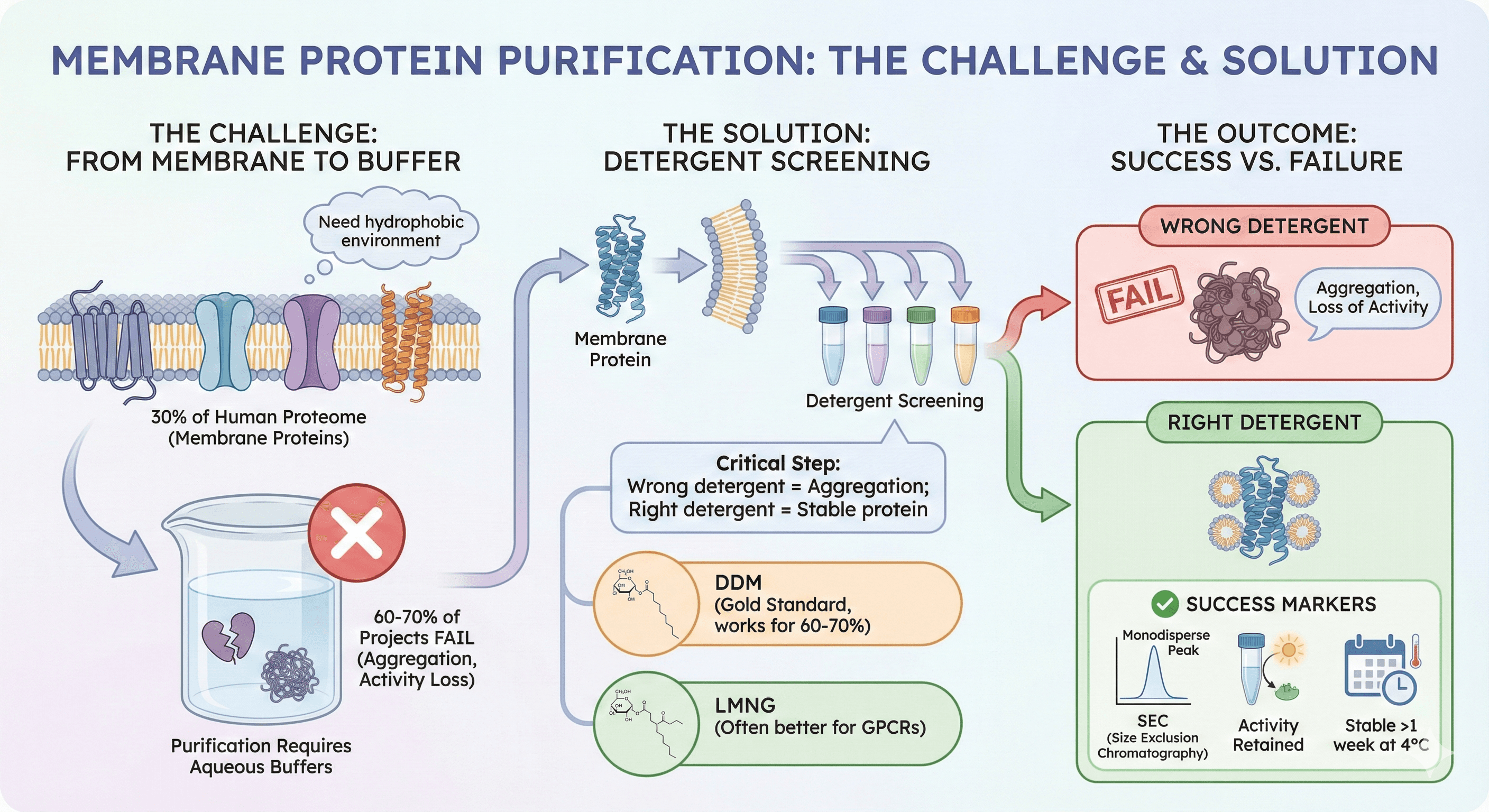 Diagram Showcasing Membrane Protein Purification Challenges and Solutions
