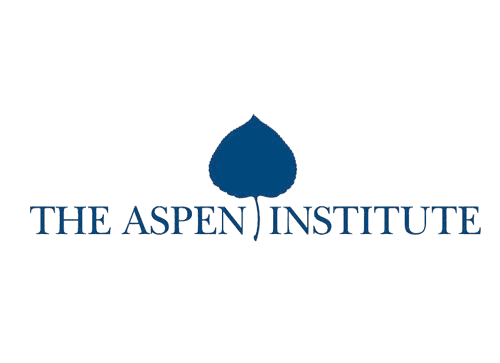 The Aspen Institute logo features a stylized blue aspen leaf centered above the organization's name, which is written in uppercase serif font. 'THE ASPEN INSTITUTE' is displayed in blue, with 'ASPEN' and 'INSTITUTE' separated by the aspen leaf. The design is simple, professional, and reflects the organization's focus on leadership and policy studies.