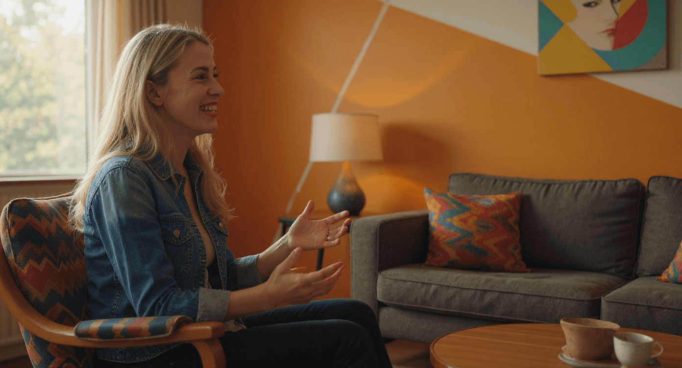 Show subject talking and gesturing while seated in a mid century modern-furnished living room