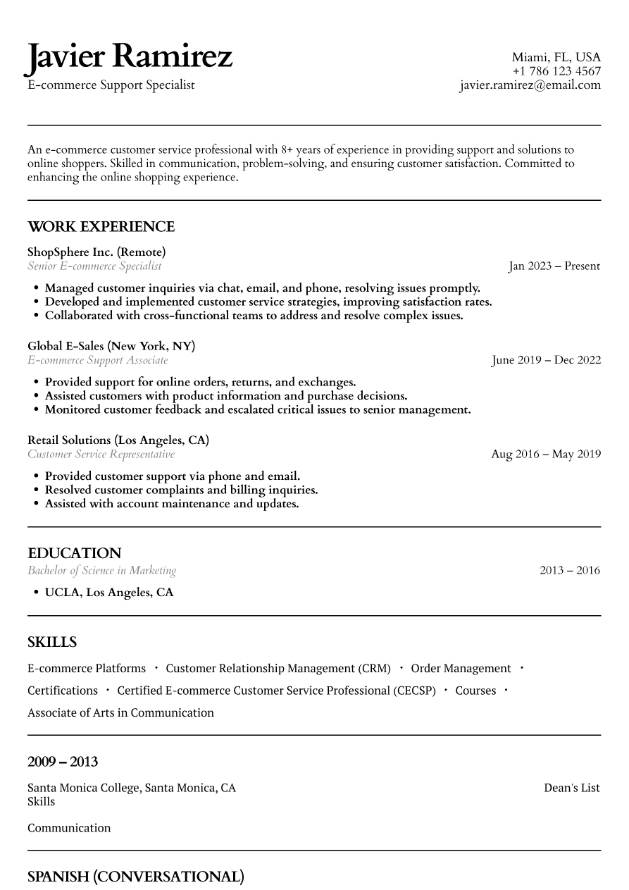 E-commerce customer service resume example
