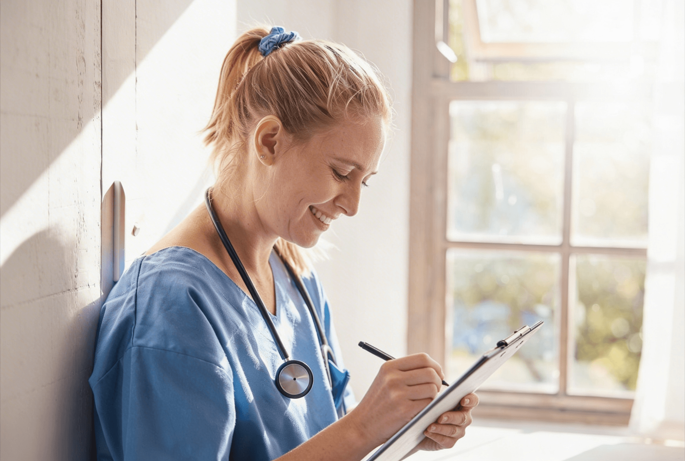 Innendienstler fokussiert am Schreibtisch. er ließt seine Notizen, lächelt leicht und sieht entspannt aus