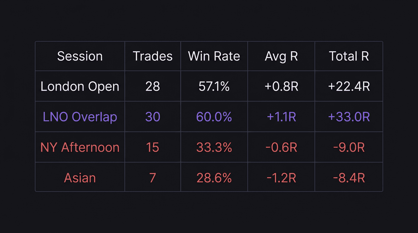 Comparison table showing per-session trading metrics for the walkthrough example