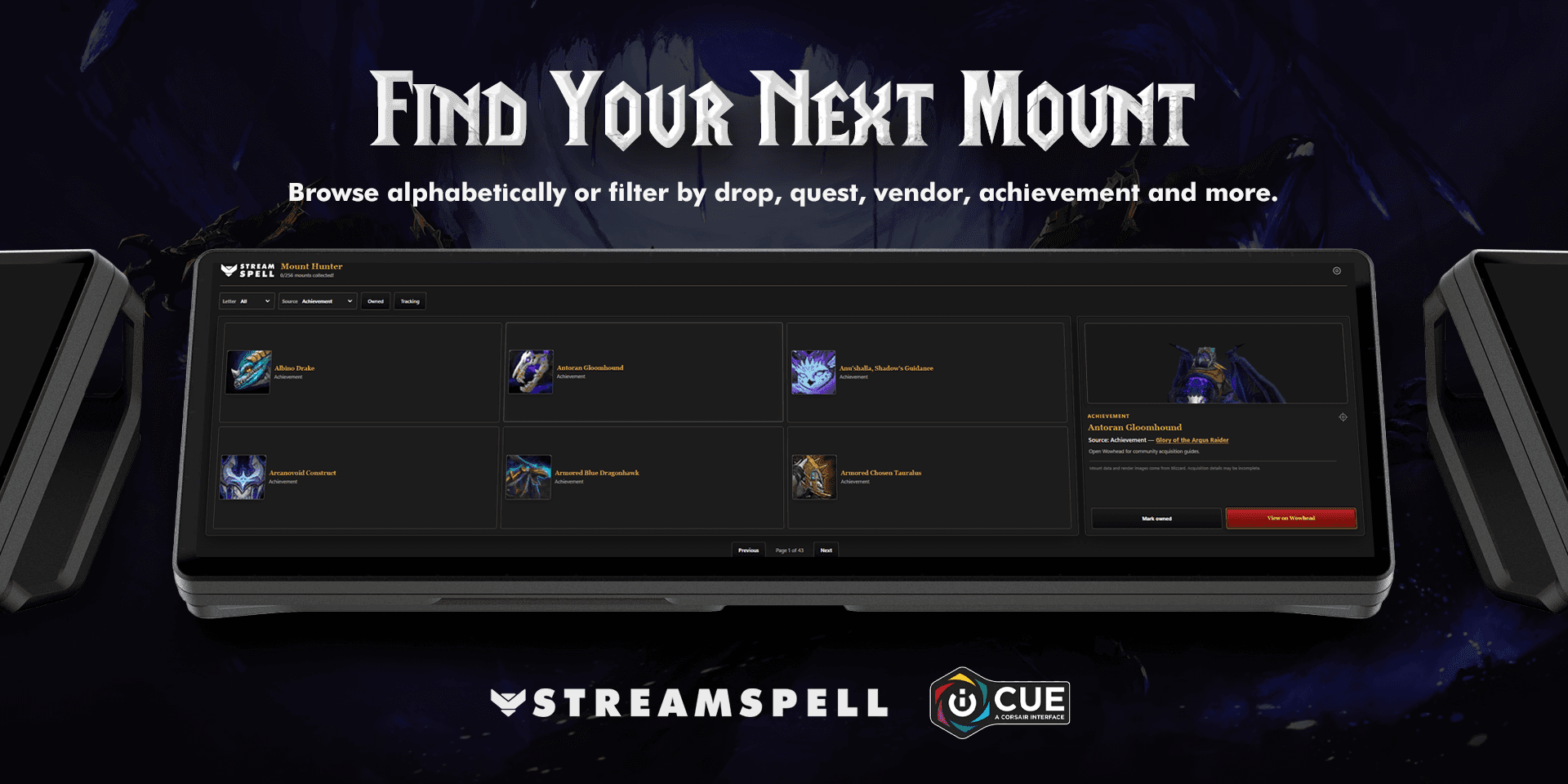 Browse World of Warcraft mounts by source in Mount Hunter iCUE Widget