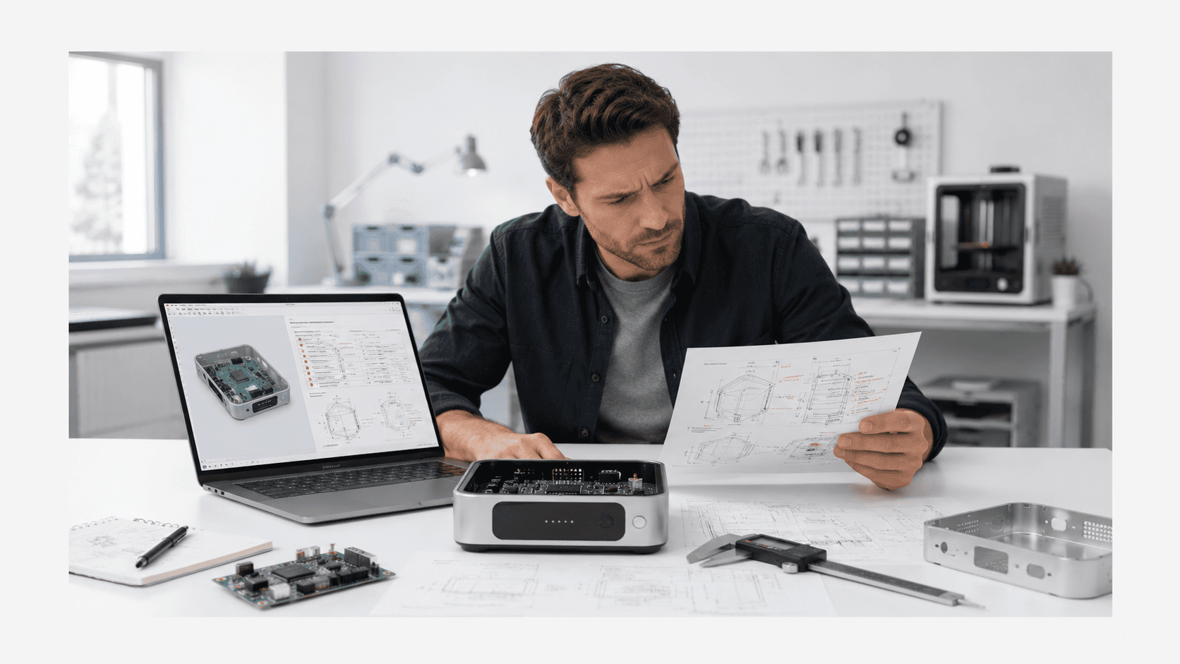 Hardware founder reviewing DFM feedback, CAD files, PCB prototype, and manufacturing drawings before production.