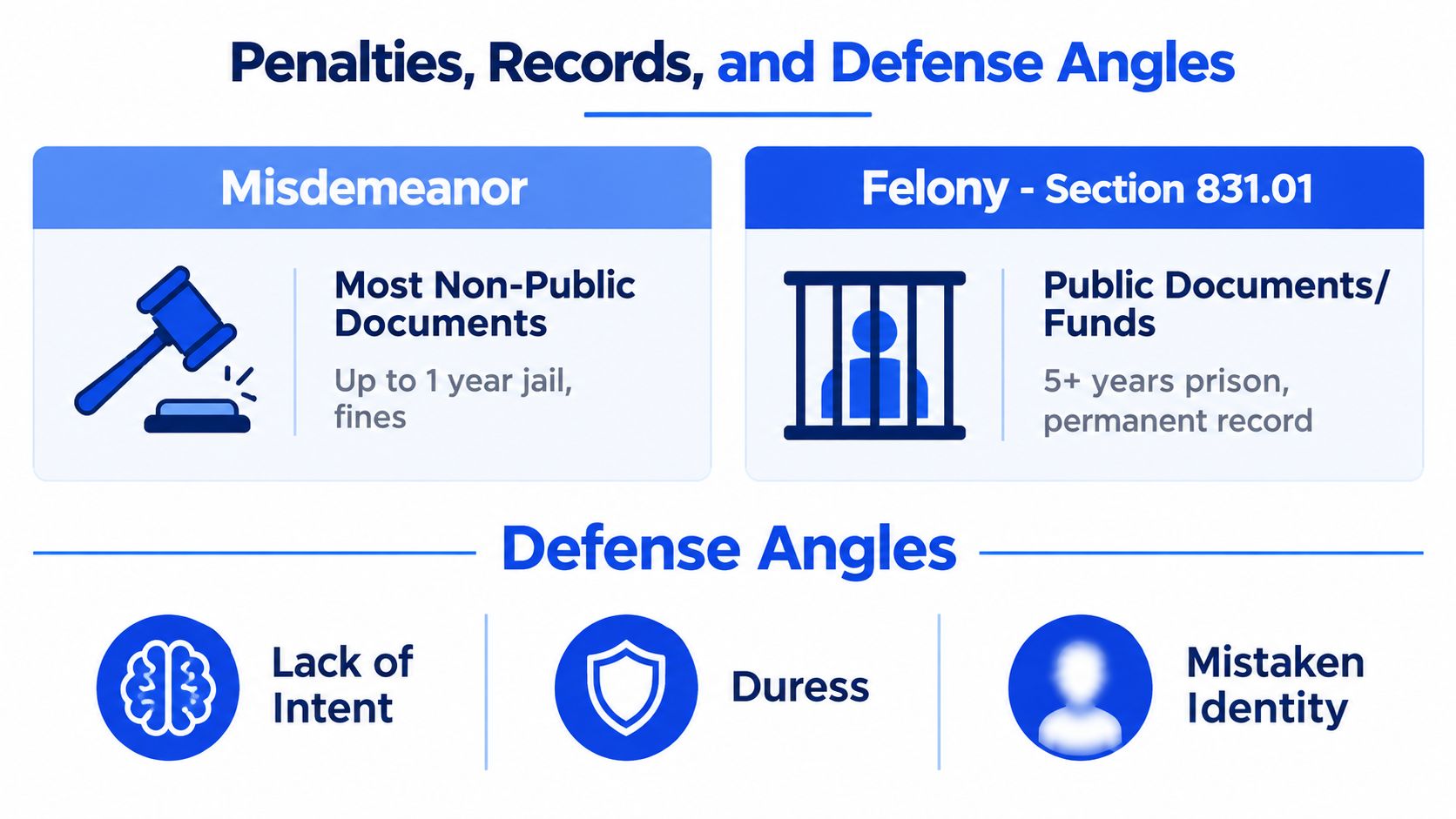 An infographic detailing penalties for forgery misdemeanors and felonies, plus potential defense angles for legal cases.