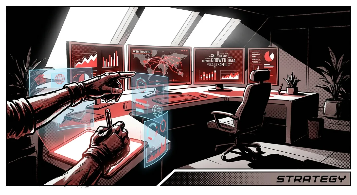 Futuristic workspace at RockN' Socials, showcasing digital marketing strategy.
