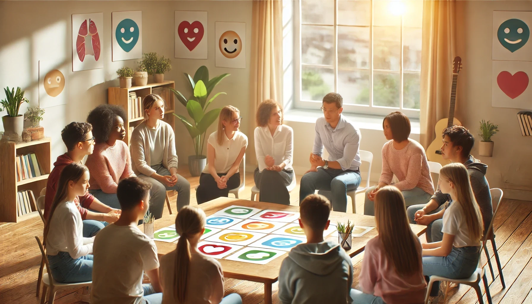 Illustration d'une classe diverse et accueillante, avec des étudiants et un enseignant engagés dans une discussion sur l'intelligence émotionnelle, utilisant des cartes représentant des émotions dans un cadre chaleureux et inclusif