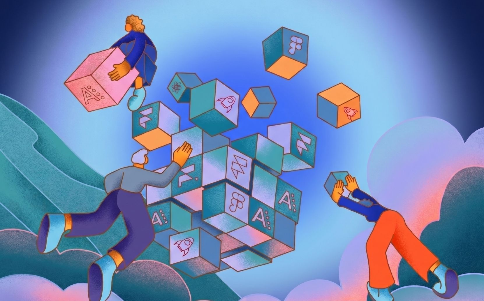 A colorful abstract illustration of three designers floating in the sky, assembling a structure out of 3D blocks. The blocks feature icons for Framer, React, and rocket ships, representing the process of building custom web components.