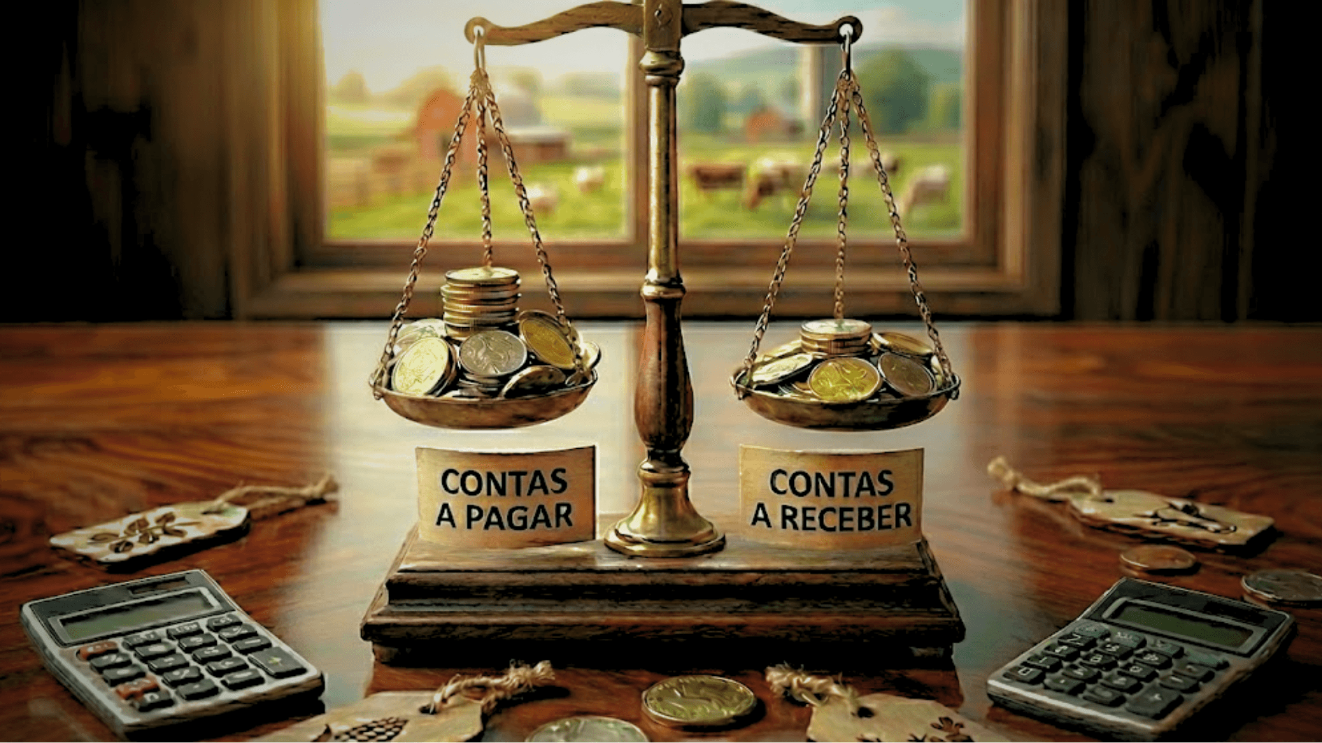 Conceito de gestão financeira rural representado por uma balança equilibrando o contas a pagar e receber da fazenda para garantir o lucro.