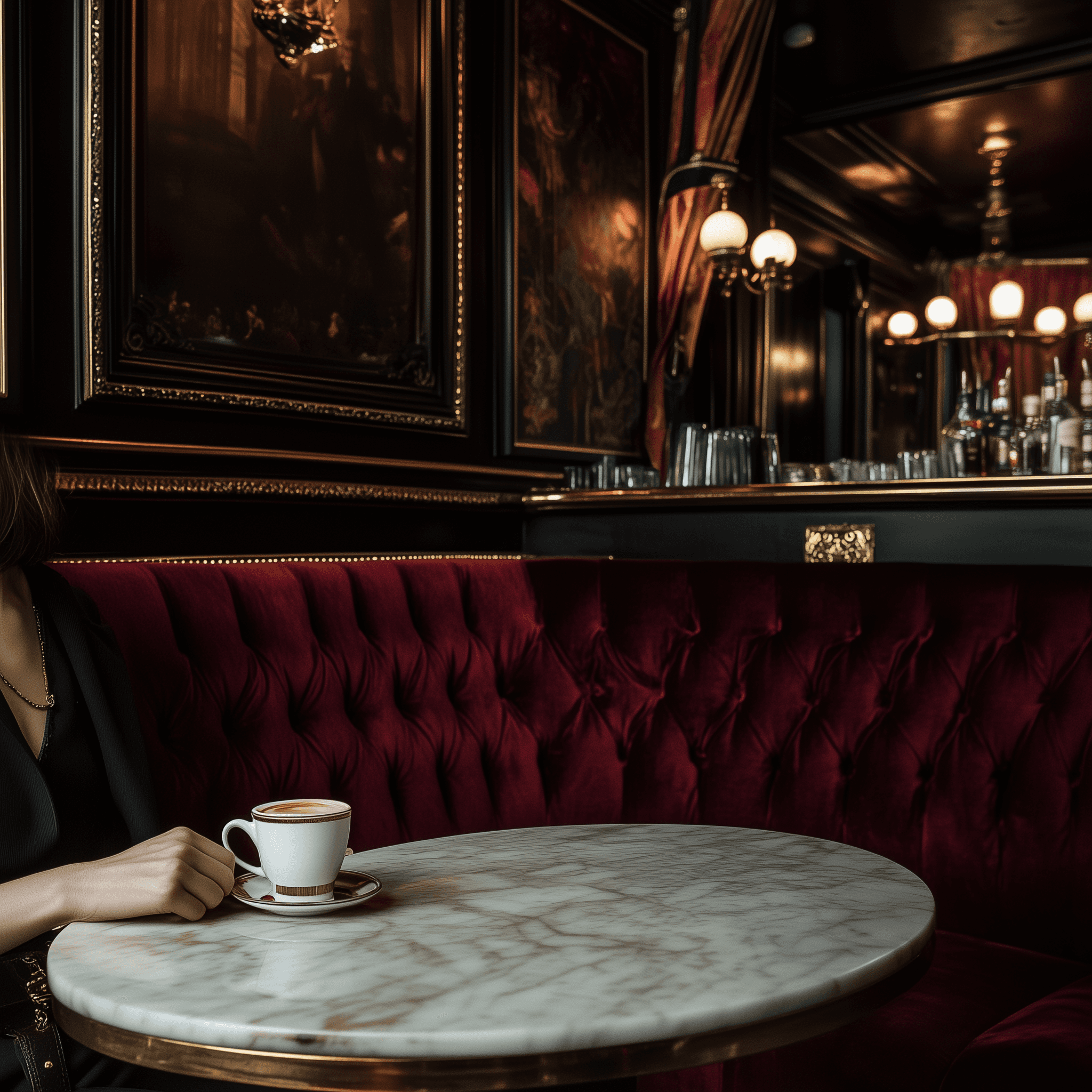 A woman's hand holding an espresso cup on the table of a velvet seat in a dimly lit private room at The Grand. The decor is opulent, adding warmth and texture. Soft lighting illuminates from above, and the lighting is moody, with a cocktail bar and a dark maroon and gold color scheme