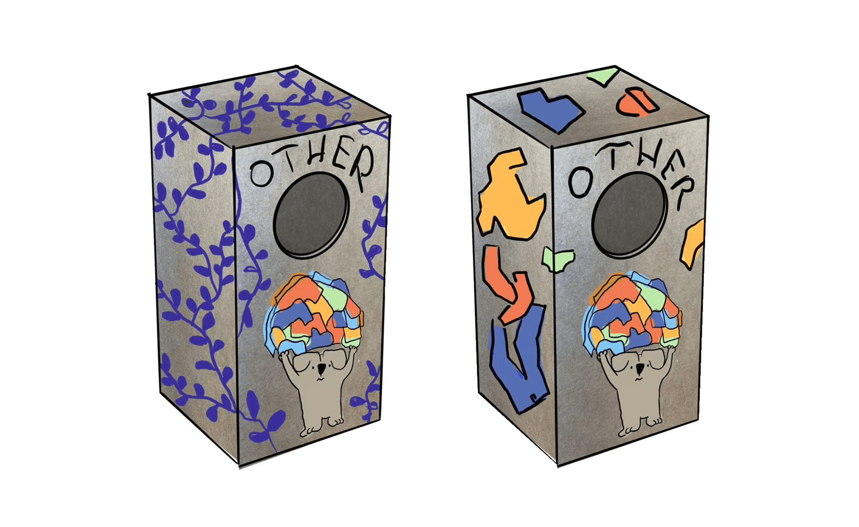 Conceptual sketch for the 'Other' fabric recycling container, showing two pattern variations.