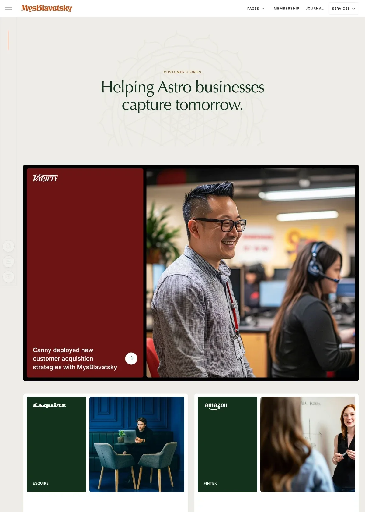 Screenshot of the MysBlavatsky Customer stories page