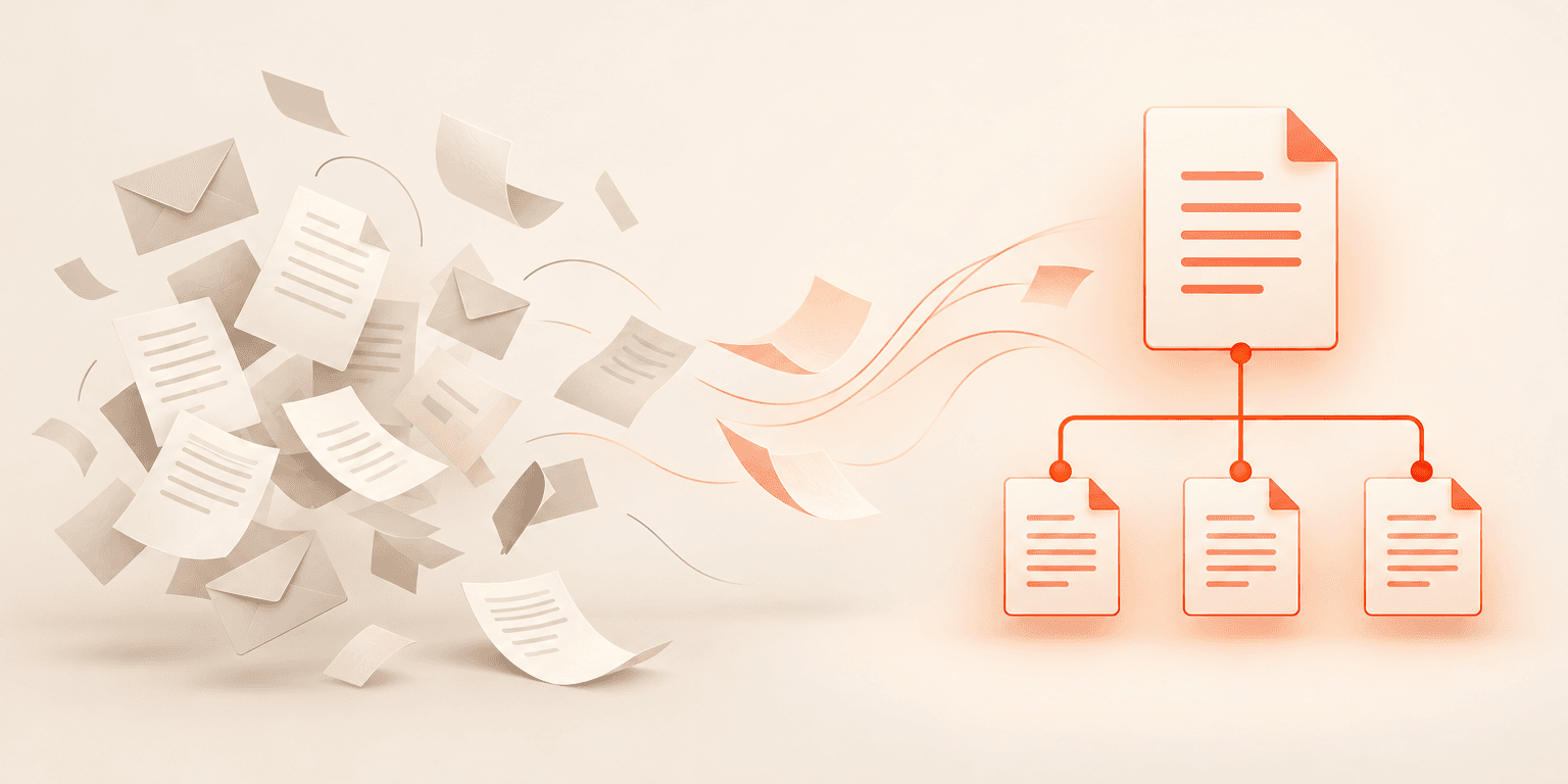 Scattered client contracts and emails resolving into an organized agreement family of linked documents