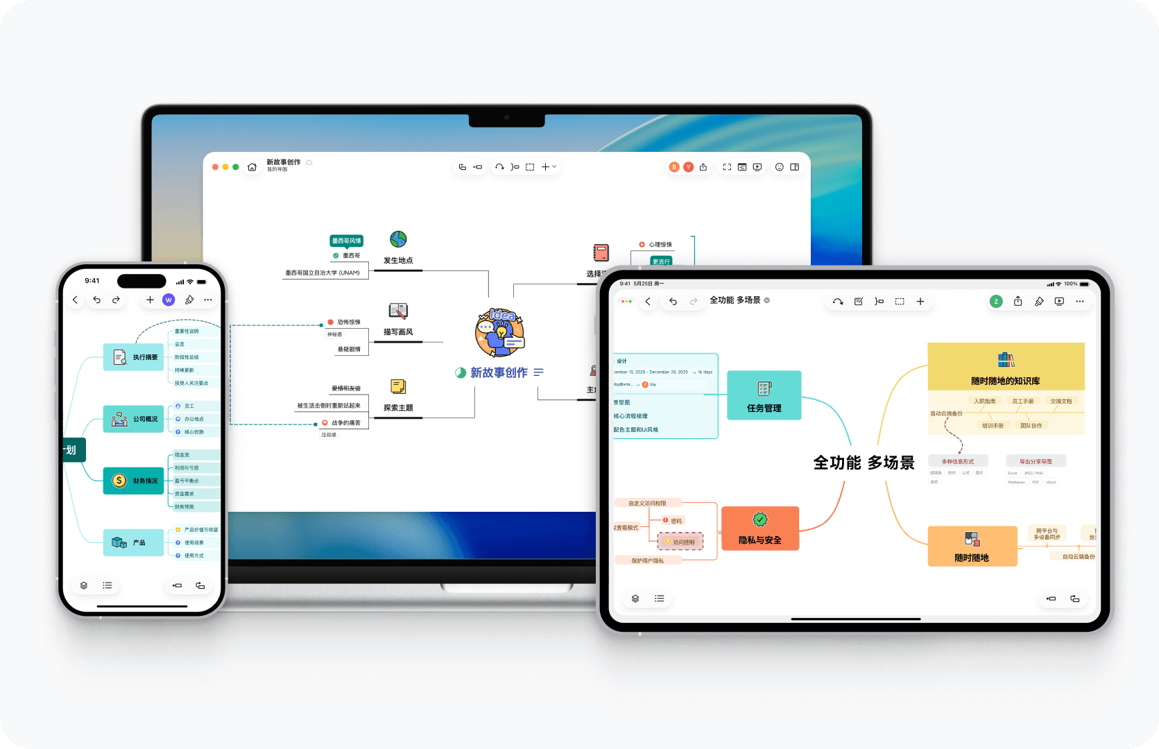 Xmind cross platform collaboration shown on desktop, tablet, and mobile devices, highlighting seamless teamwork across devices compared with Visio’s desktop centered workflow.