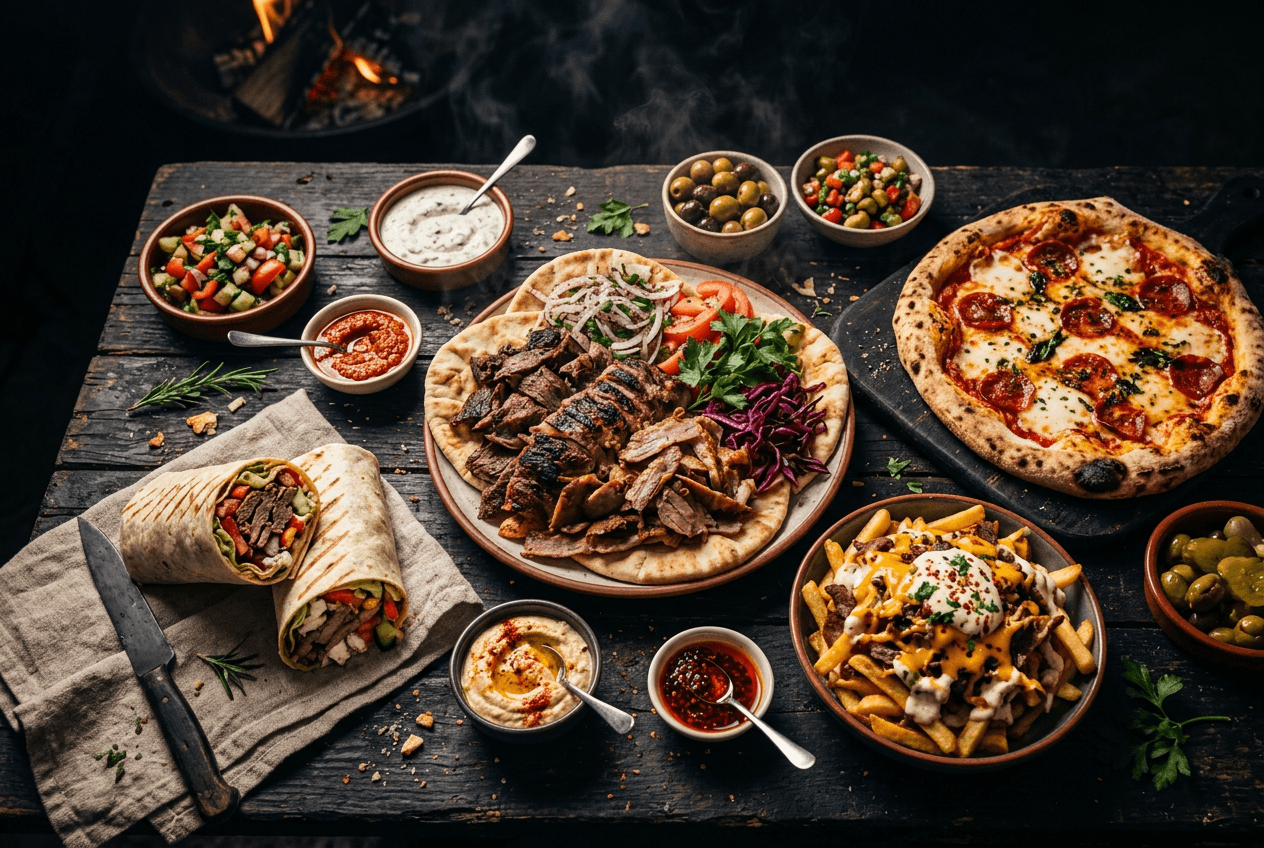 Dishes on dark wood at EMBER, seen from above