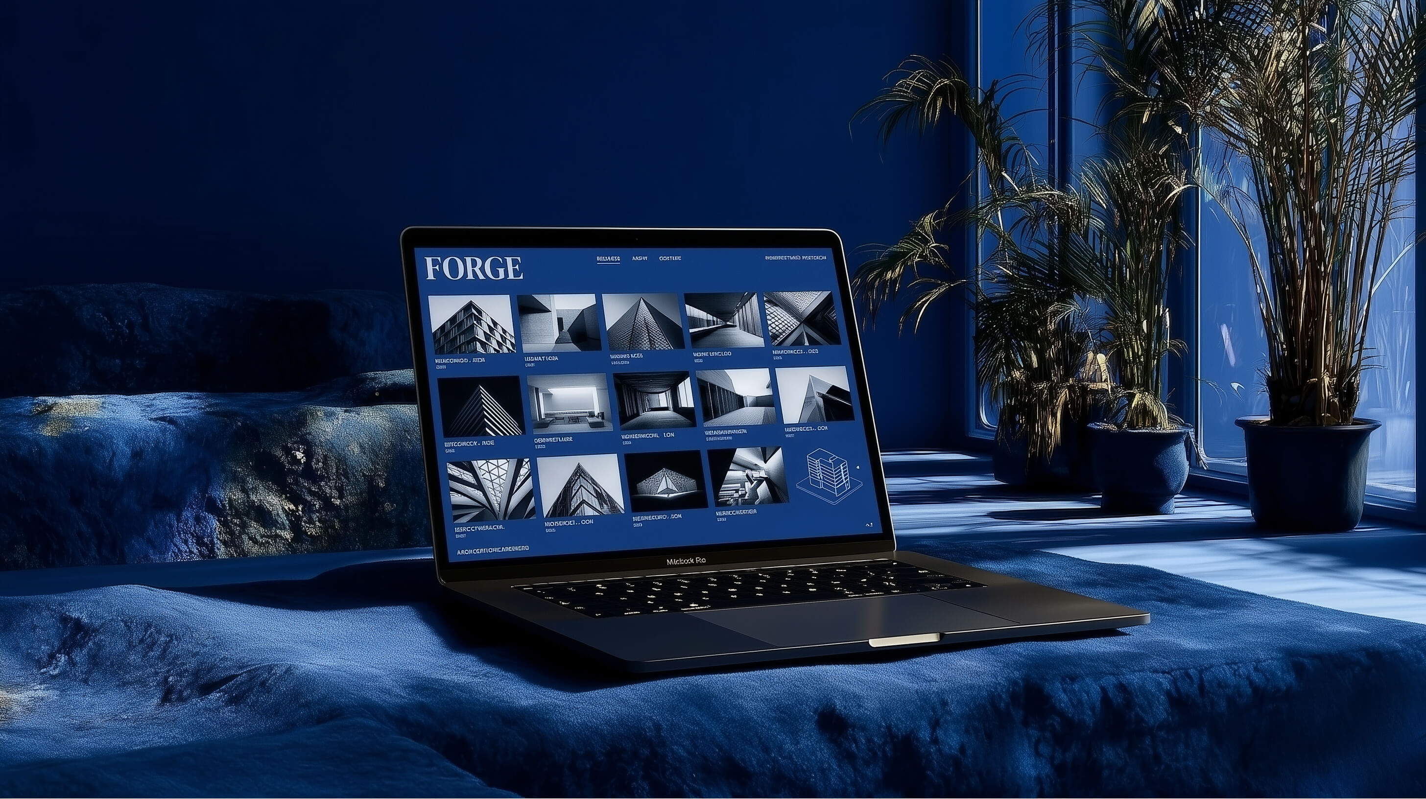 Minimalist laptop mockup displaying a grid-style website design in a blue-toned editorial setting with indoor plants.