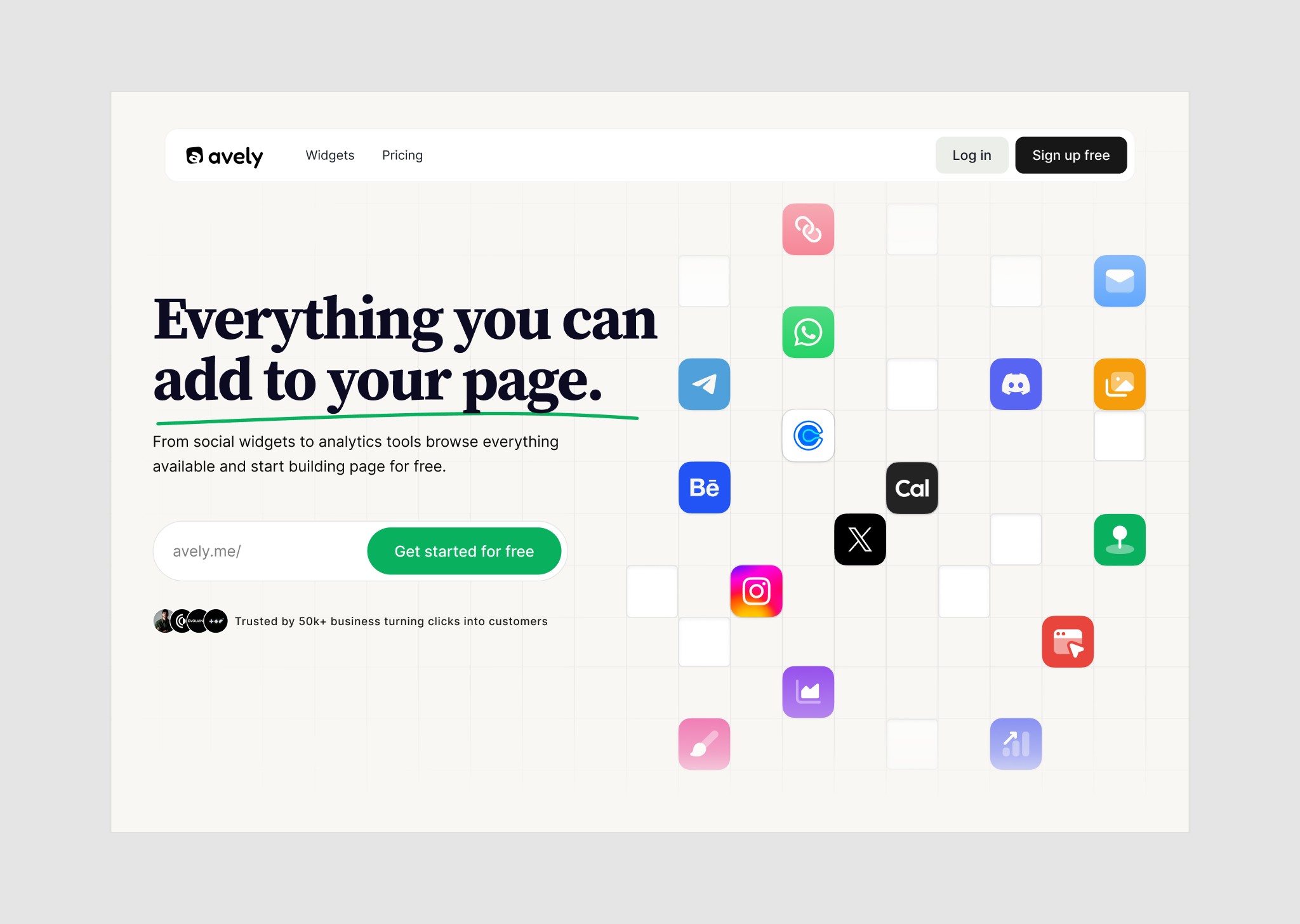 Avelly website homepage: add social widgets and analytics to your page