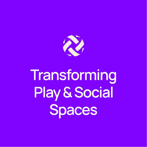A purple background with a white, abstract, interwoven circular logo at the top, and the white text "Transforming Play & Social Spaces" centered below it.