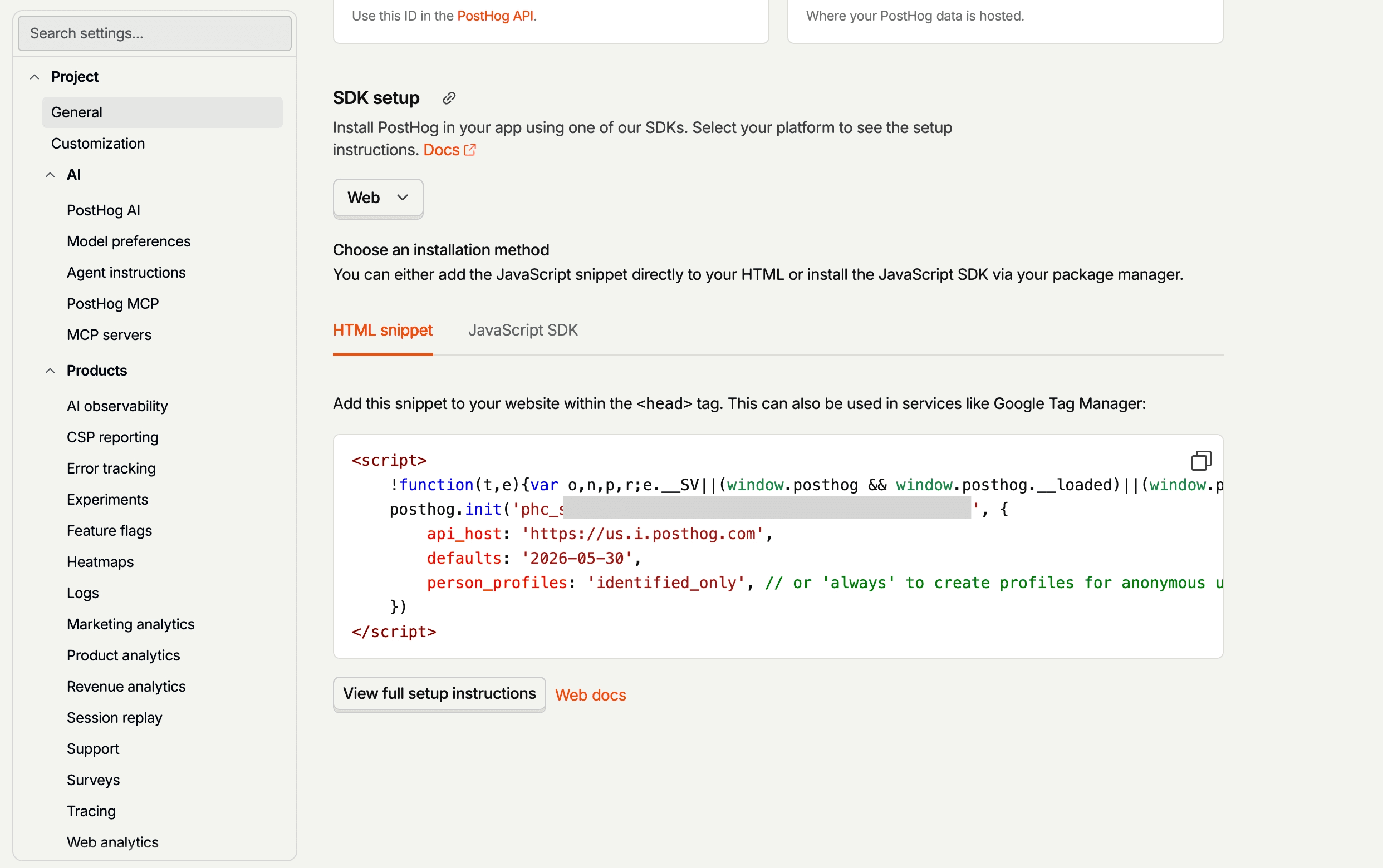 Copy the setup code snippet in PostHug