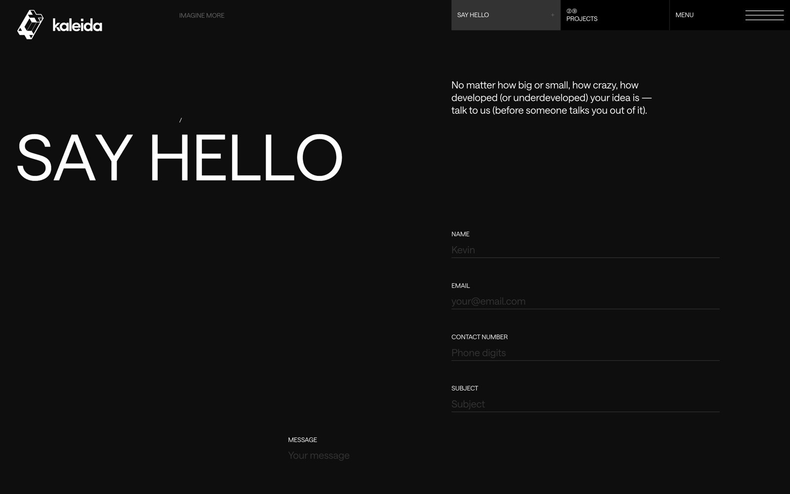 Black contact form page with large "SAY HELLO" text. Fields for name, email, contact number, subject, and message.