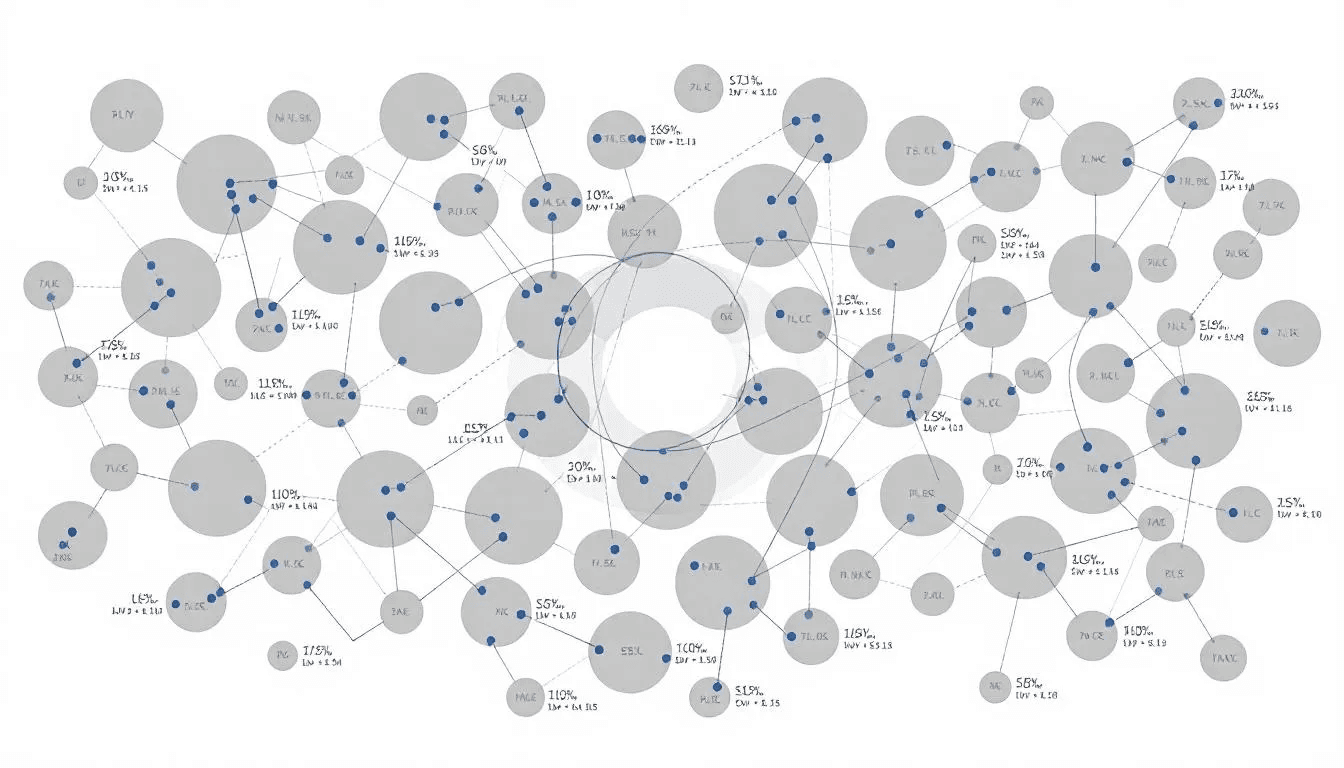 The image depicts a diagram of the Lightning Network, illustrating interconnected payment channels between Bitcoin users. This decentralized network enables faster and cheaper transactions through bidirectional payment channels, facilitating instant settlement and low-cost peer-to-peer payments.