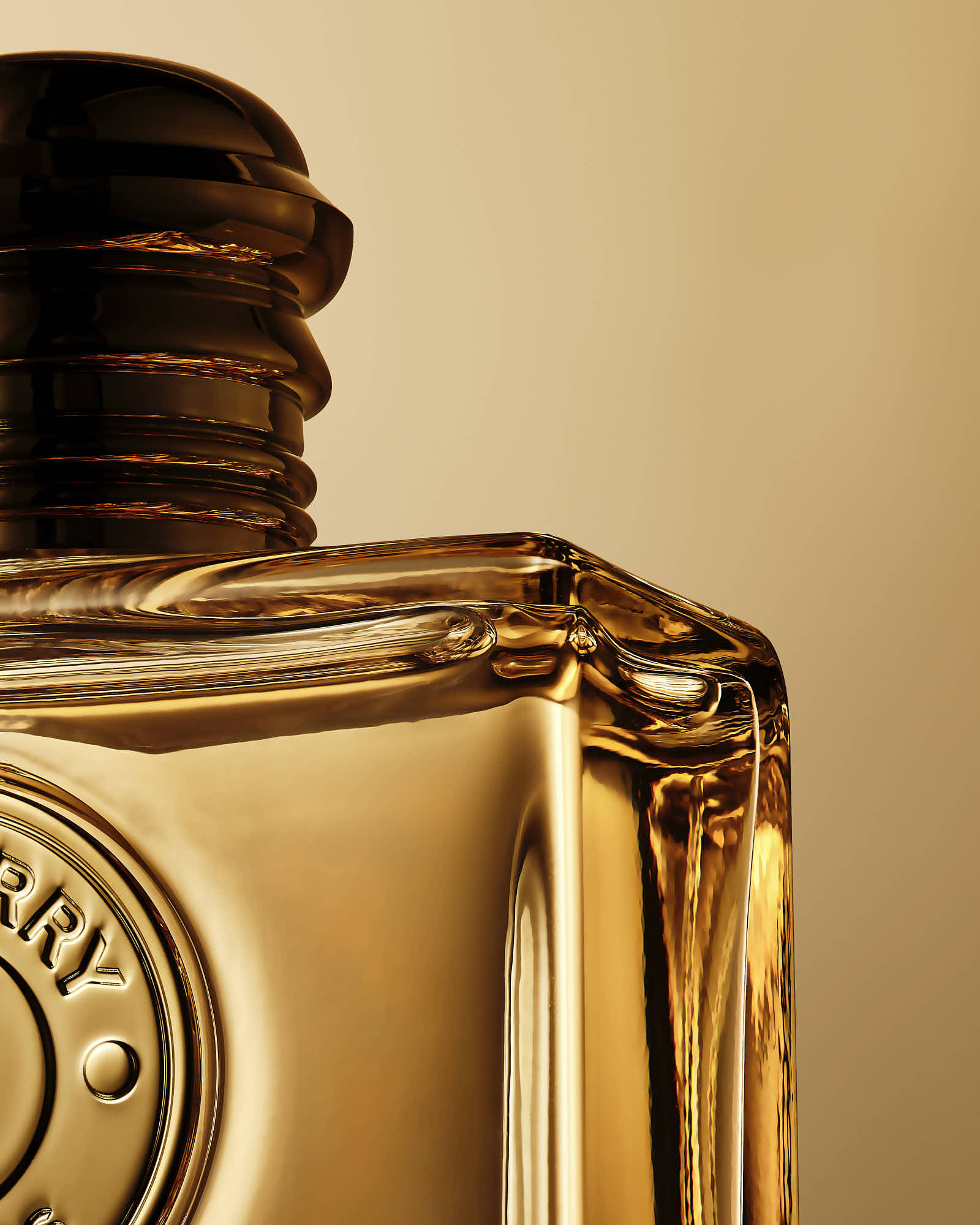 Close-up of a sleek glass bottle of liquor, showcasing its golden liquid and stylish cap against a warm background.