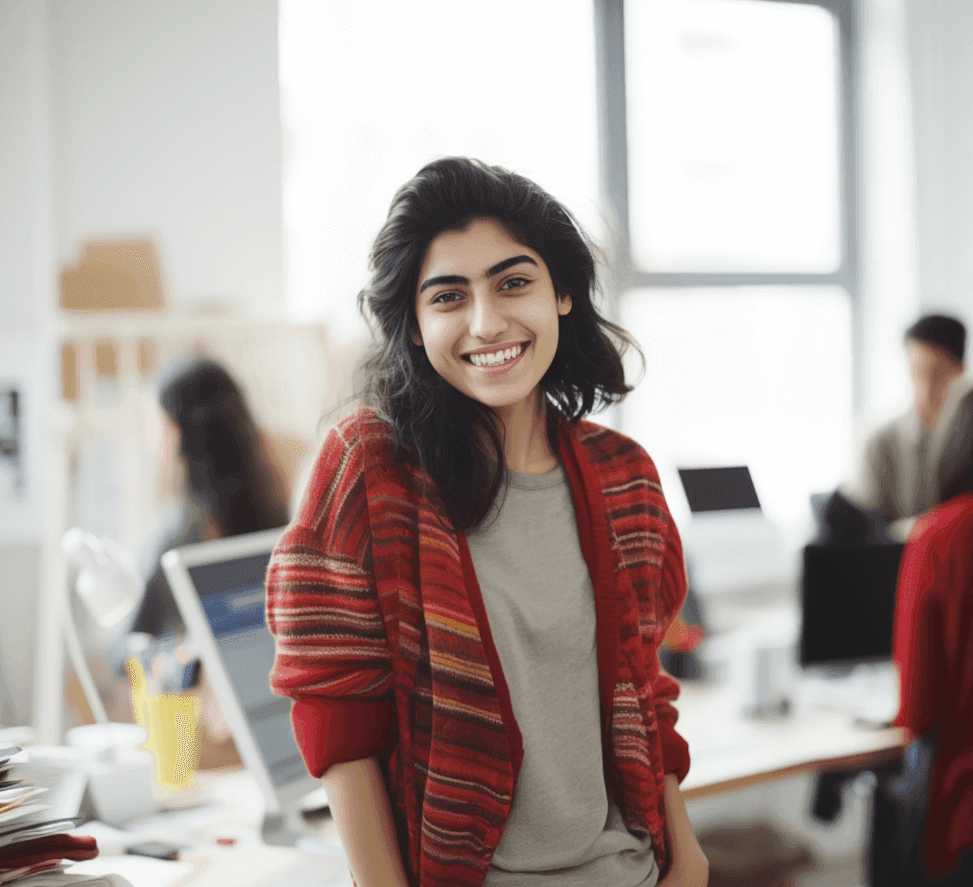 Portrait of Eva Lagm, Studio Leadership, photographed in a bright open workspace