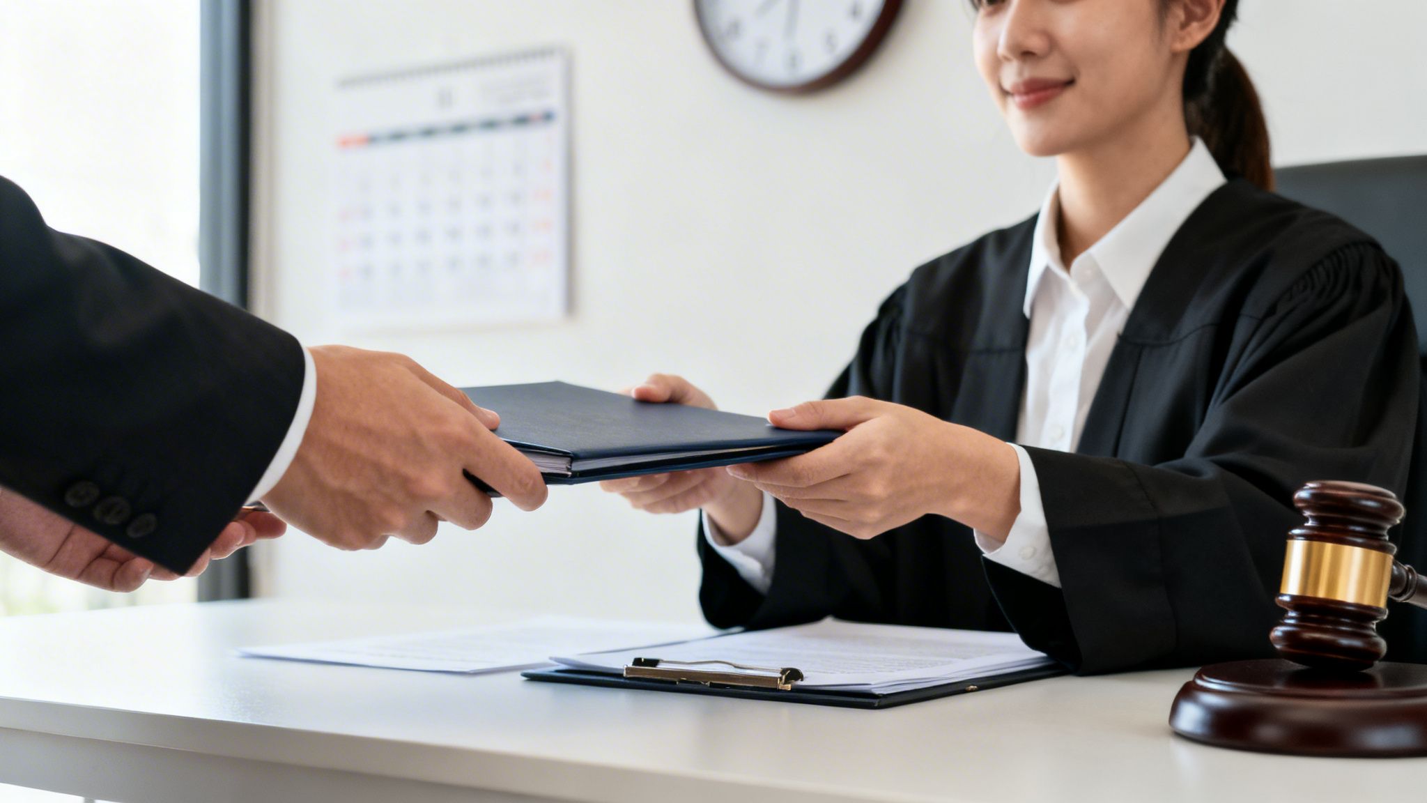 En man i kostym lämnar över en blå mapp med dokument till en leende domare vid ett skrivbord med en domarklubba.