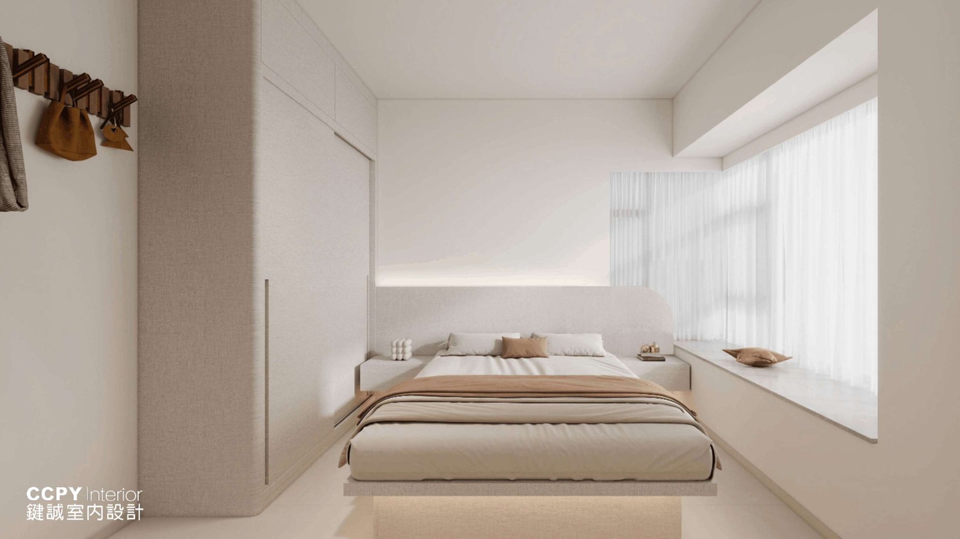Nestled against a large window, this small bedroom design features an integrated platform bed and soft ambient lighting to enhance the room's acoustic depth.