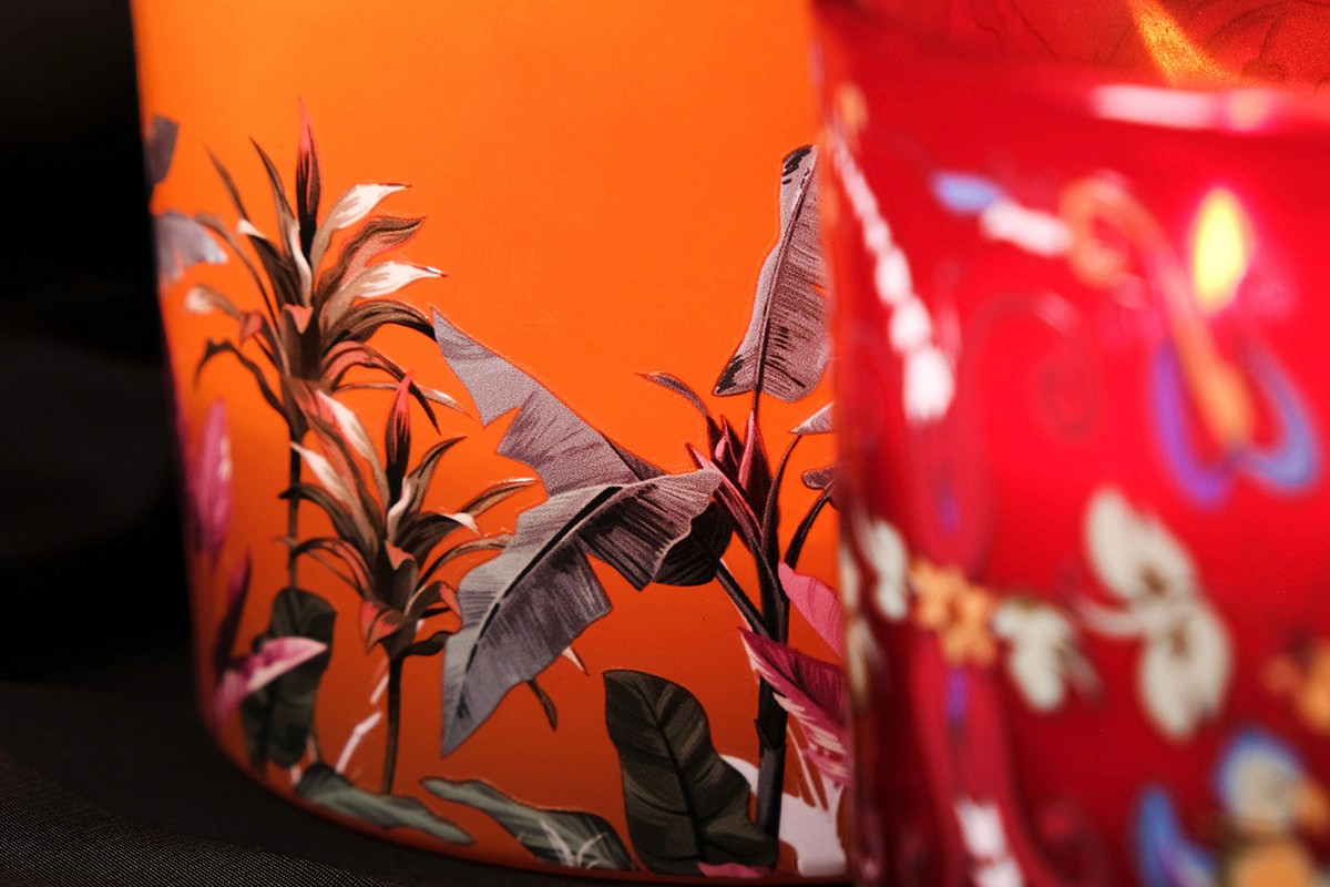 Uv dtf stickers, labels for Candle brand printed on glass with uv dtf printing.