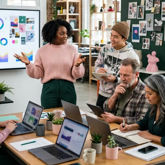 Équipe de consultants en pleine session de brainstorming créatif autour d'un écran tactile affichant des données stratégiques, illustrant notre expertise en "Marque employeur et corporate" pour la définition de l'EVP (Employee Value Proposition)
