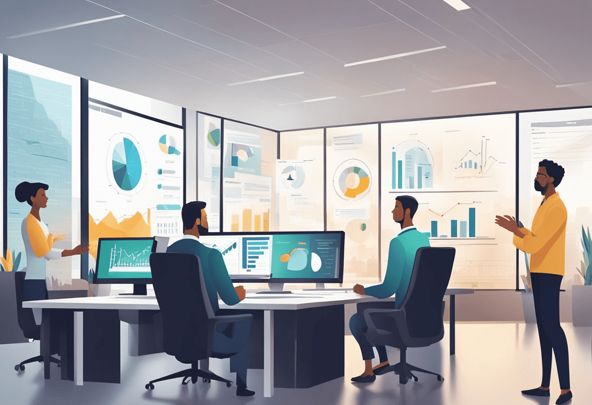 Employees discussing downshifting strategies in a modern office setting, with charts and graphs displayed on a large screen. The atmosphere is collaborative and focused