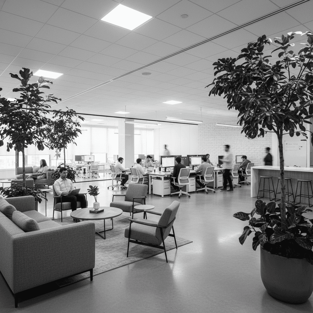 Spacious open-plan office with rows of desks and striking circular ceiling lights.