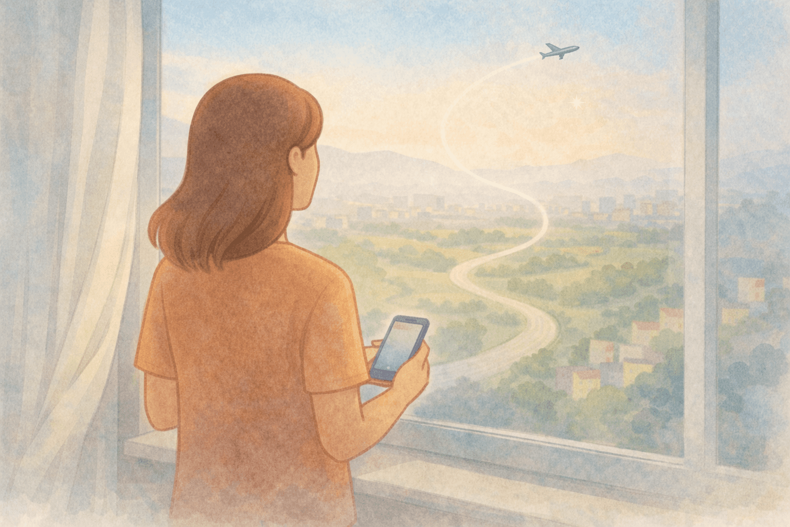 Ilustração em aquarela de uma pessoa olhando para o horizonte, simbolizando viajar mais usando pontos e milhas de forma simples.