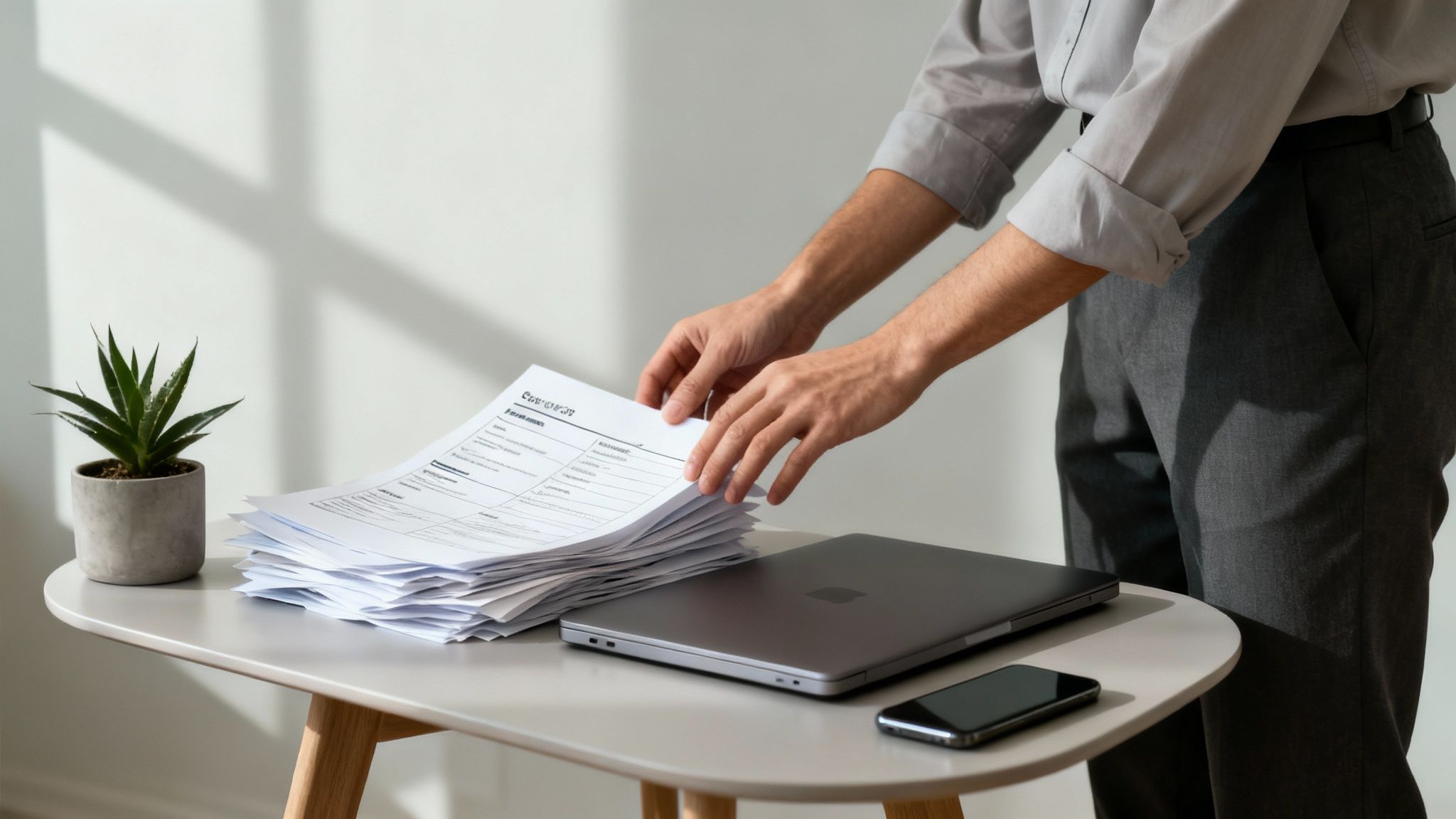 A person organizes a large stack of white papers on a table with a laptop and plant.