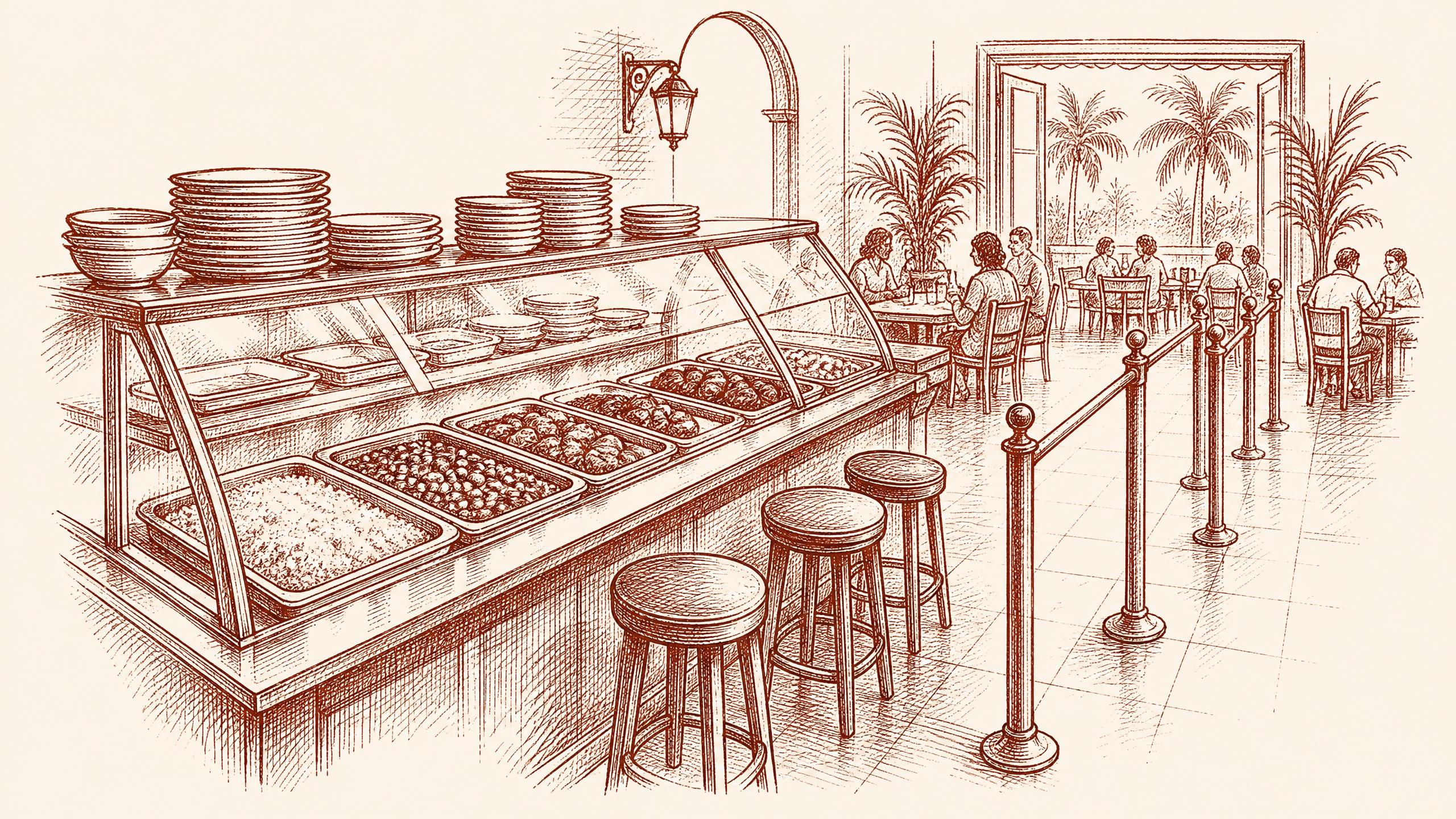 A cafeteria-style counter as the central subject, with trays of rice, restaurants near raymond james stadium