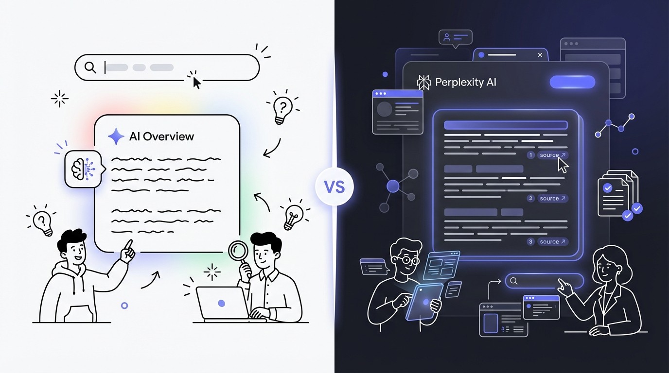A side-by-side comparison diagram. On the left, a bright, clean interface with a search bar and a summary box represents Google AI Overviews. On the right, a darker, sophisticated interface with a detailed answer box and source citations represents Perplexity AI. A glowing vertical line separates the two, highlighting their distinct approaches to AI-powered information retrieval.