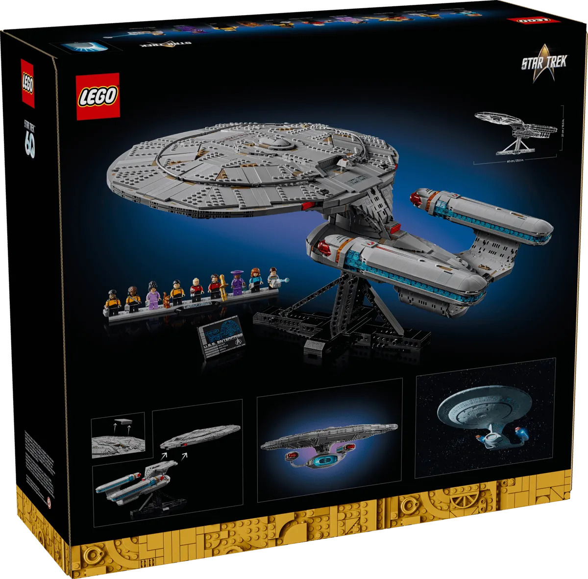 The image shows a LEGO Star Trek-themed set box, featuring a detailed model of a spaceship prominently displayed with smaller inset images highlighting different views and parts, set against a sleek black background.