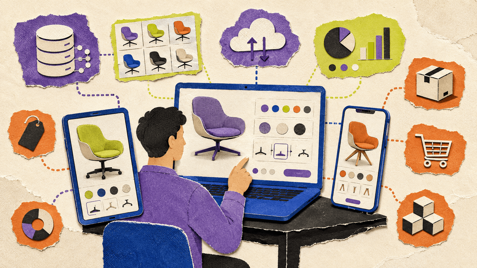 A customer customizing the same product across a laptop, tablet, and smartphone in an interactive ecommerce configurator.