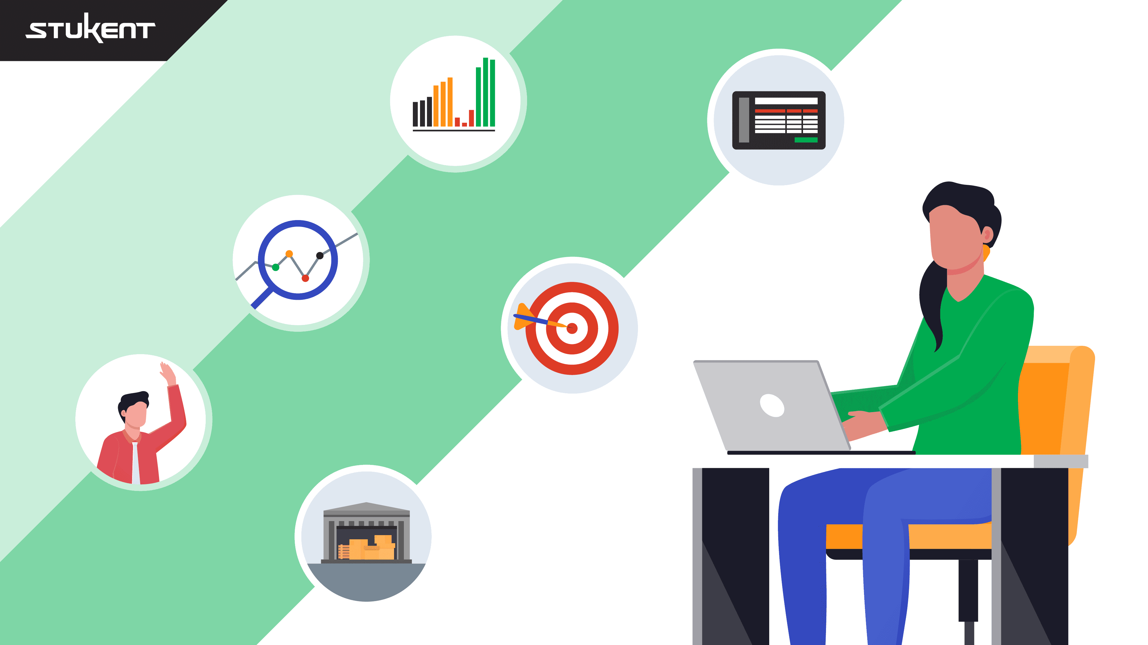 Annimated woman woring at a computer